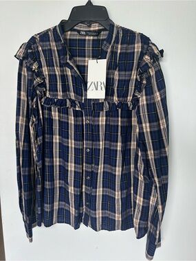 Zara Blue and Beige Plaid Ruffle Front Shirt